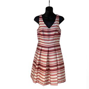 Ann Taylor Cream and Coral Striped Sleeveless V Neck Fit and Flare Dress
